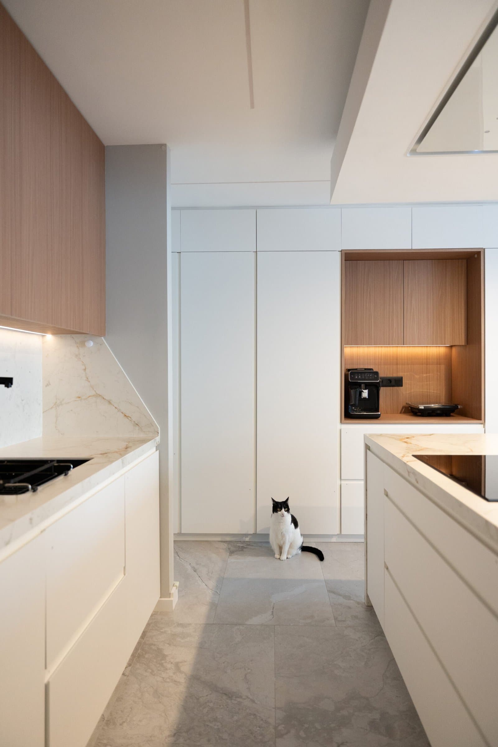 White and wood kitchen with a black and white cat sitting on the floor