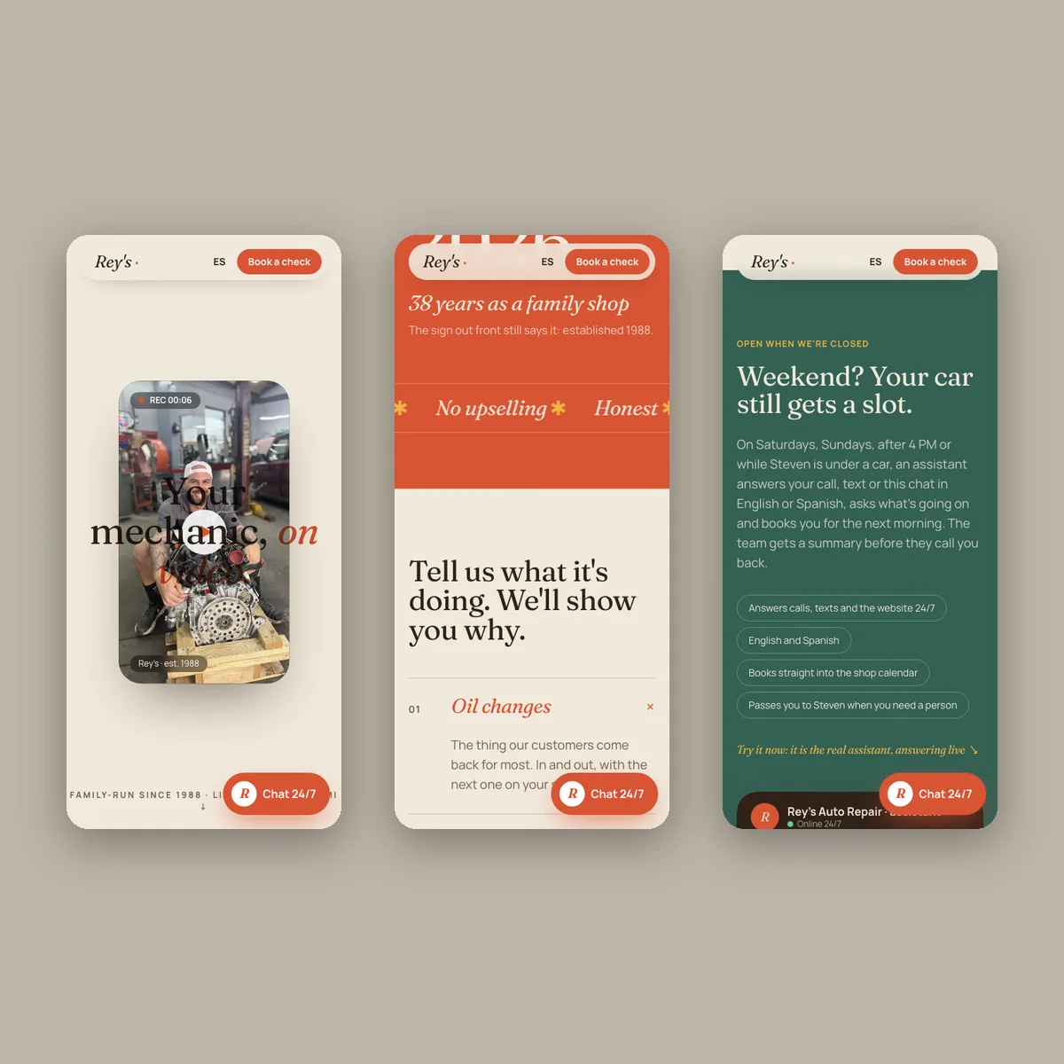 Rey's Auto Repair: prototipo de web de taller mecánico en tonos cálidos, tres pantallas en móvil