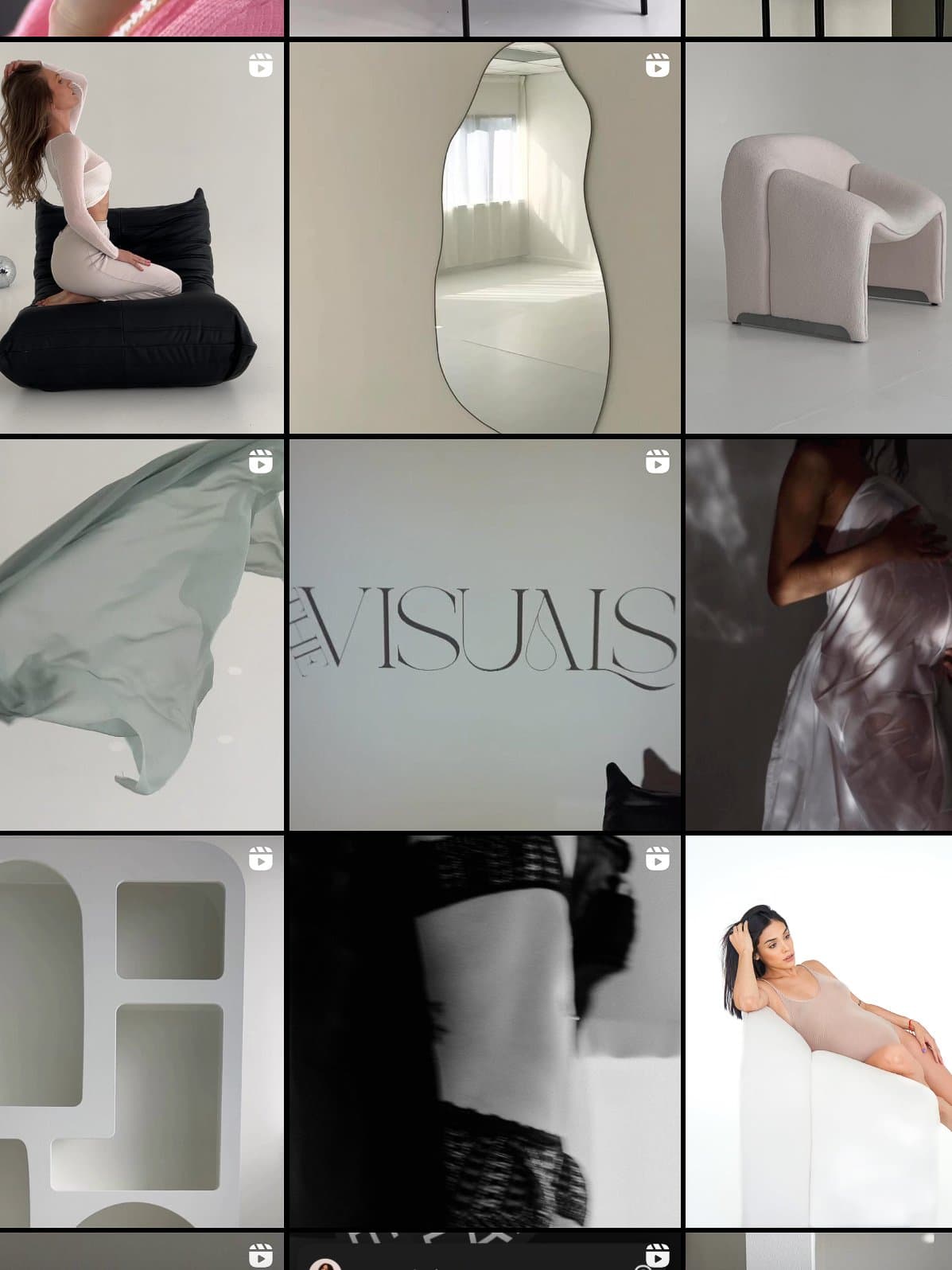 Grid of social media posts: furniture, fabrics and portraits