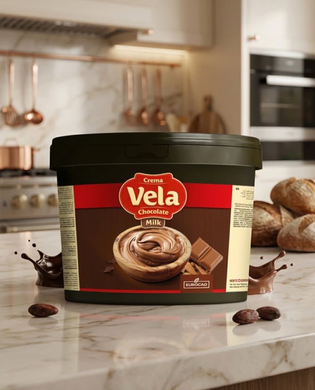 Tub of milk chocolate spread on a marble worktop in a kitchen