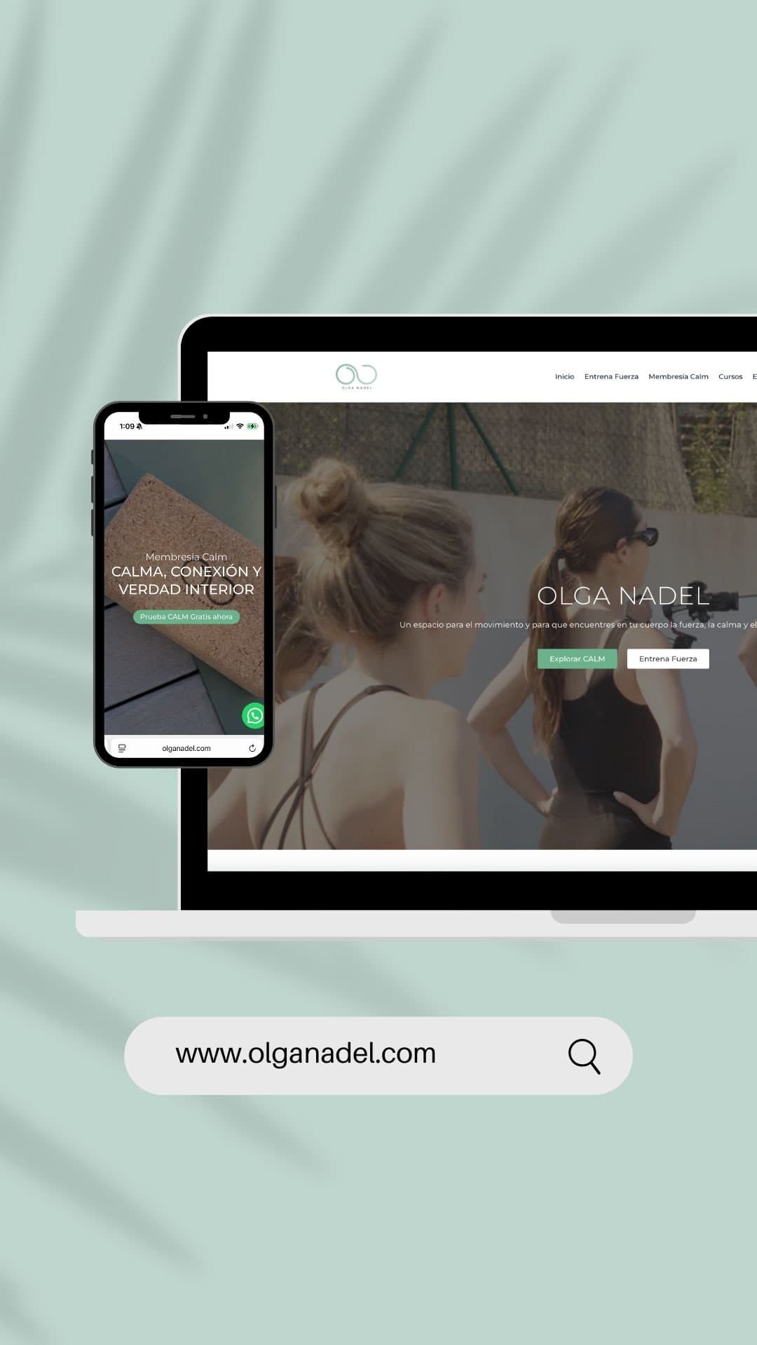 The website shown on a phone and a laptop against a green background
