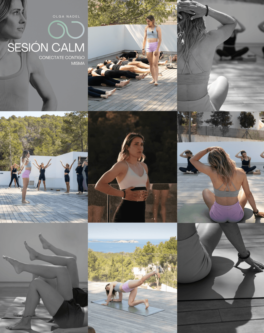 Grid of social media posts: outdoor classes, pilates and the sea