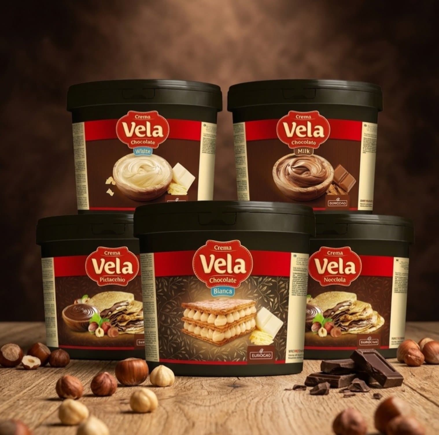 Five tubs of chocolate spread arranged with hazelnuts and pieces of chocolate
