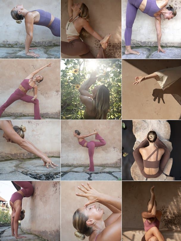 Grid of social media posts: yoga and stretching poses outdoors