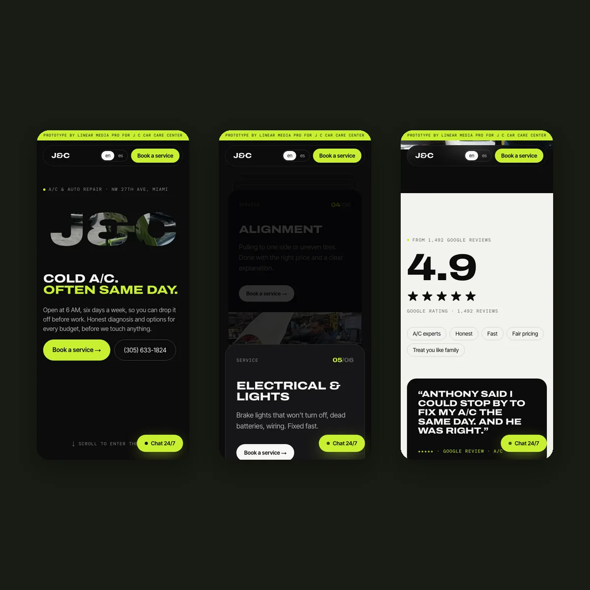 J C Car Care Center: prototipo de web de taller mecánico en negro y lima, tres pantallas en móvil