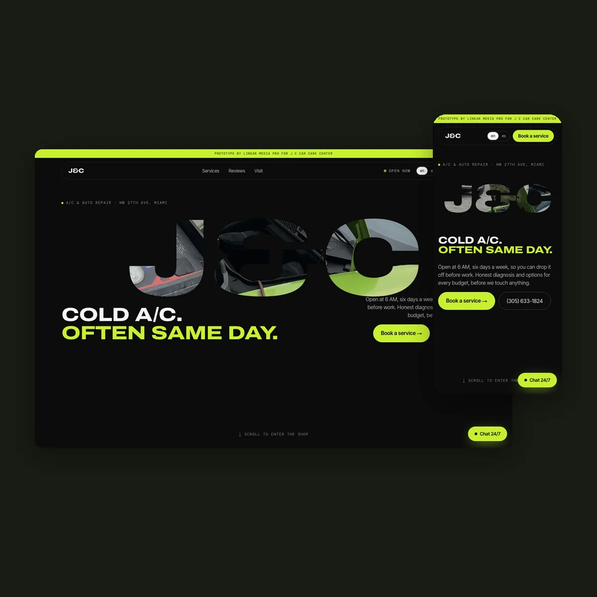 J C Car Care Center: prototipo de web de taller mecánico en negro y lima, portada en escritorio y móvil