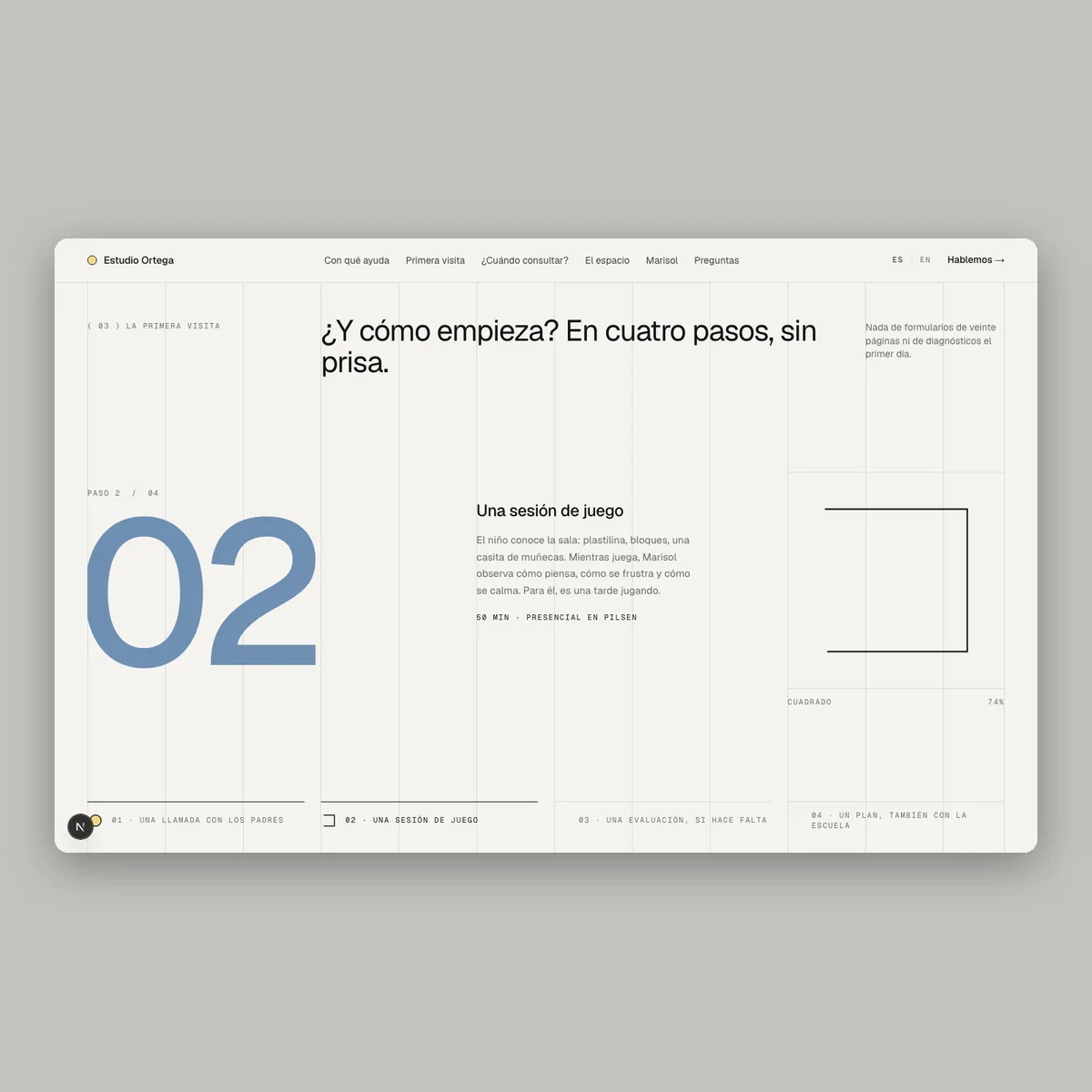 Estudio Ortega: child psychology website in a light Swiss style, section on desktop