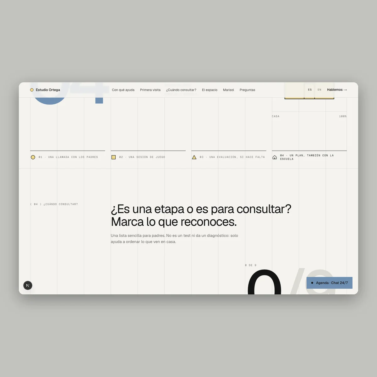 Estudio Ortega: child psychology website in a light Swiss style, another section on desktop