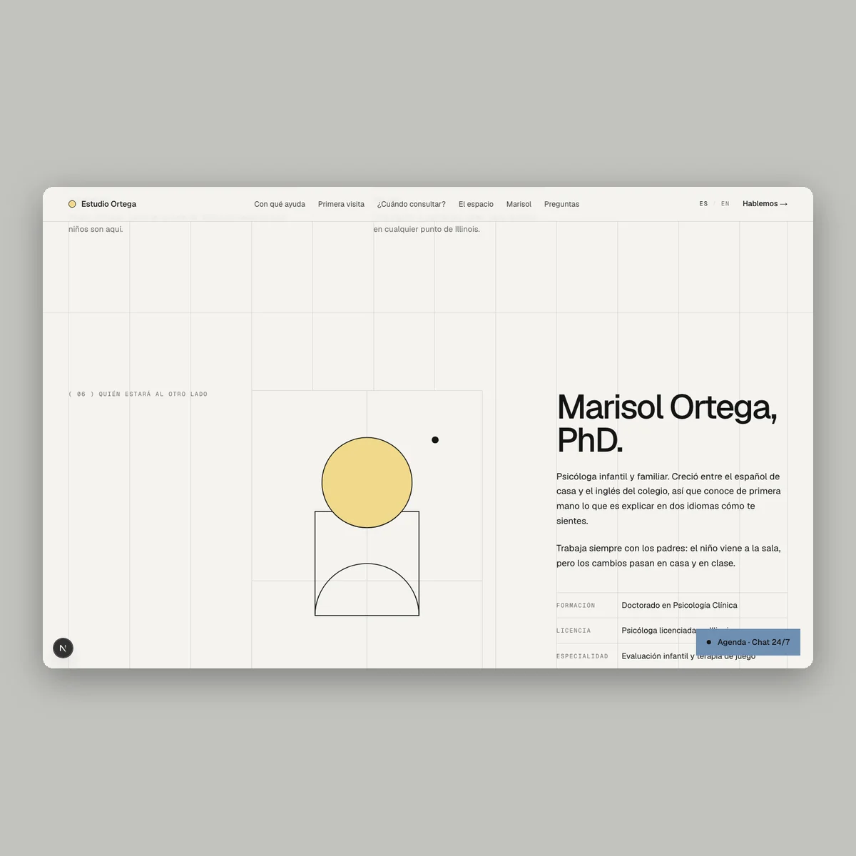 Estudio Ortega: child psychology website in a light Swiss style, chat or closing section on desktop
