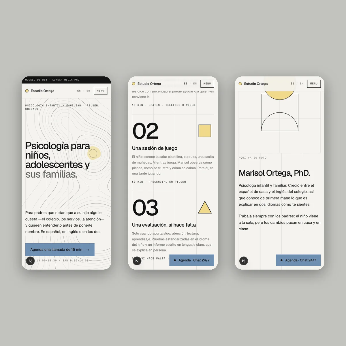 Estudio Ortega: child psychology website in a light Swiss style, three screens on mobile