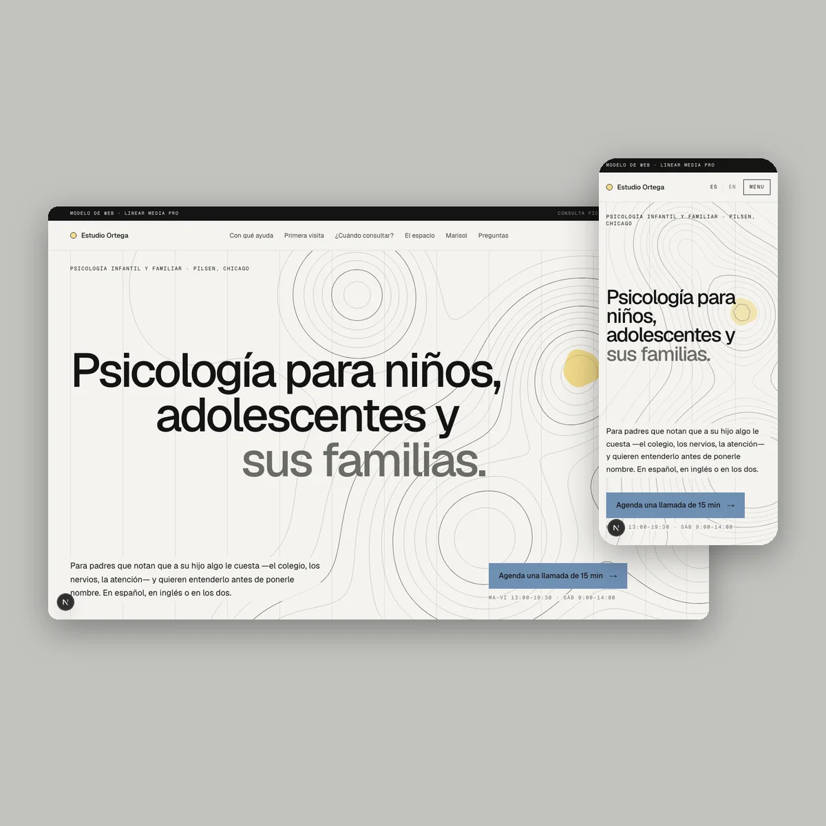 Estudio Ortega: child psychology website in a light Swiss style, home page on desktop and mobile