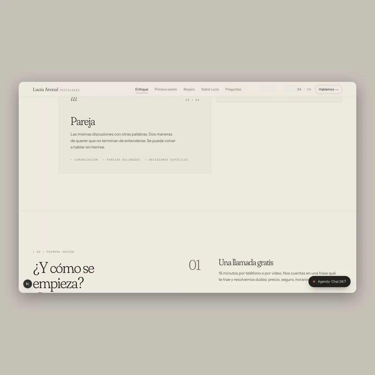 Lucía Arenal · Psychology: psychology website in off-white and forest green, section on desktop