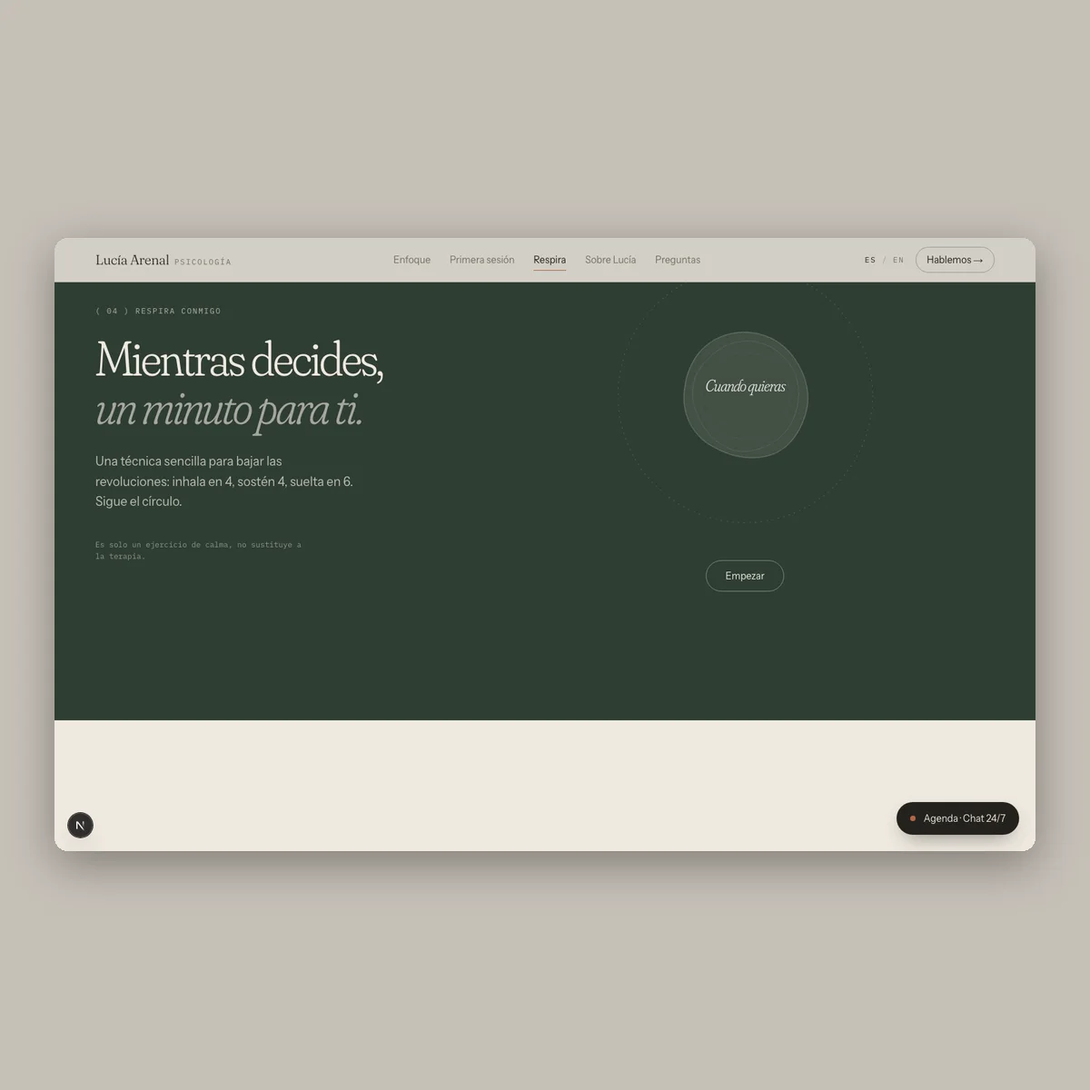 Lucía Arenal · Psychology: psychology website in off-white and forest green, another section on desktop