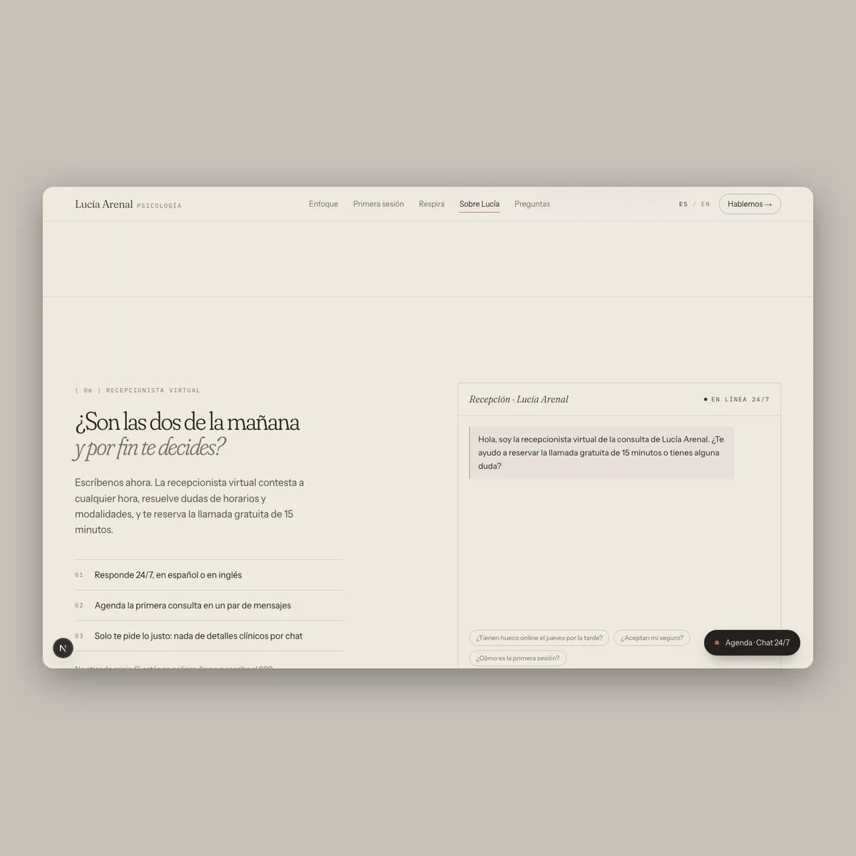 Lucía Arenal · Psychology: psychology website in off-white and forest green, chat or closing section on desktop