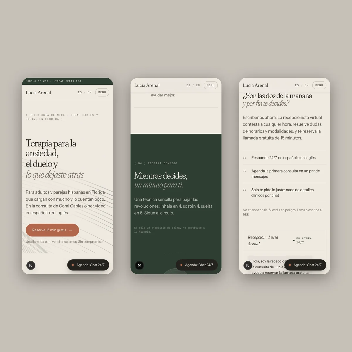 Lucía Arenal · Psychology: psychology website in off-white and forest green, three screens on mobile