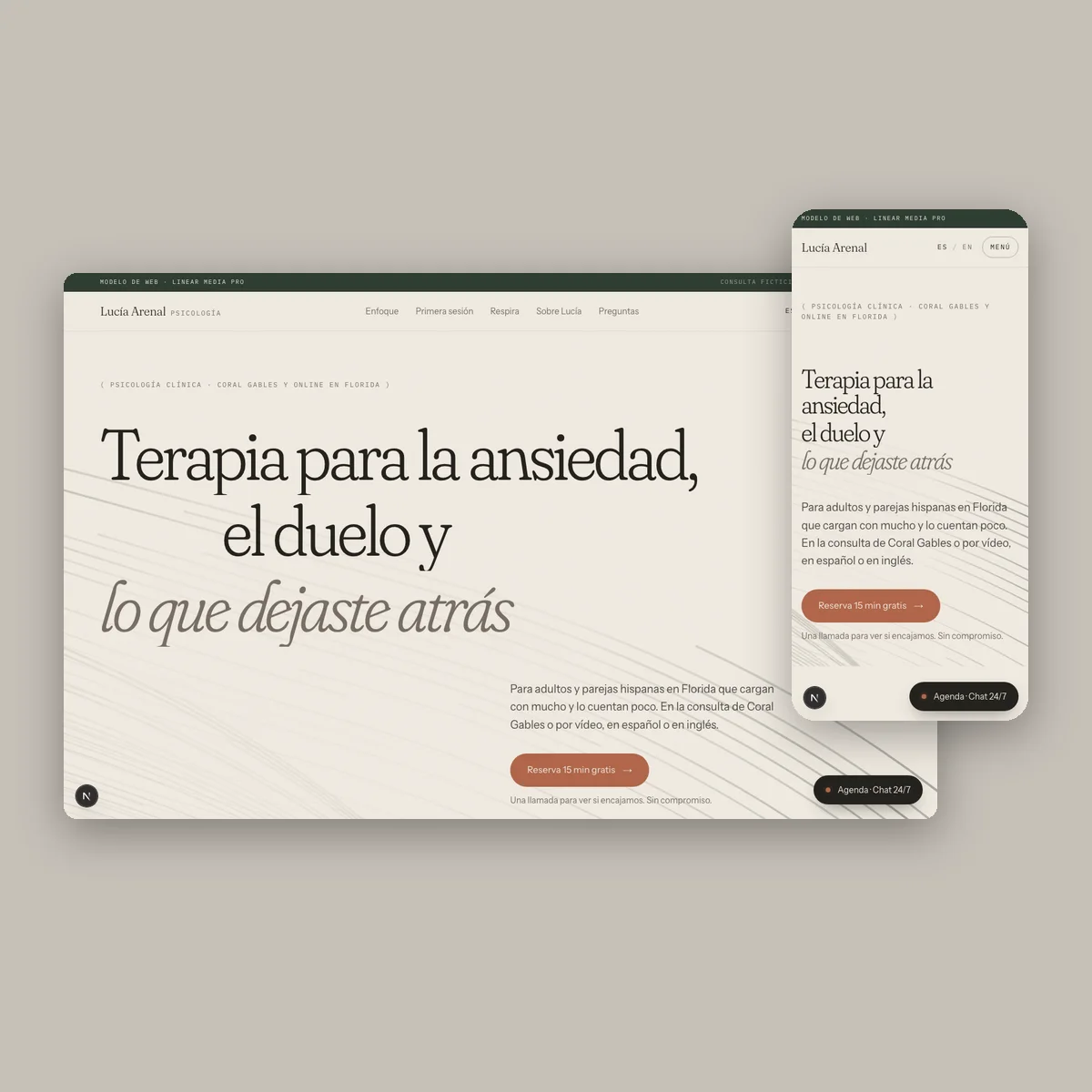 Lucía Arenal · Psychology: psychology website in off-white and forest green, home page on desktop and mobile
