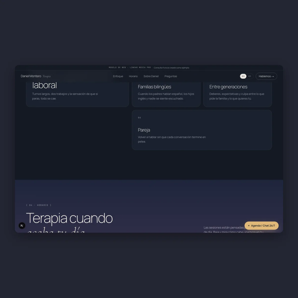 Daniel Montero · Therapy: therapy website in night blue and amber, section on desktop