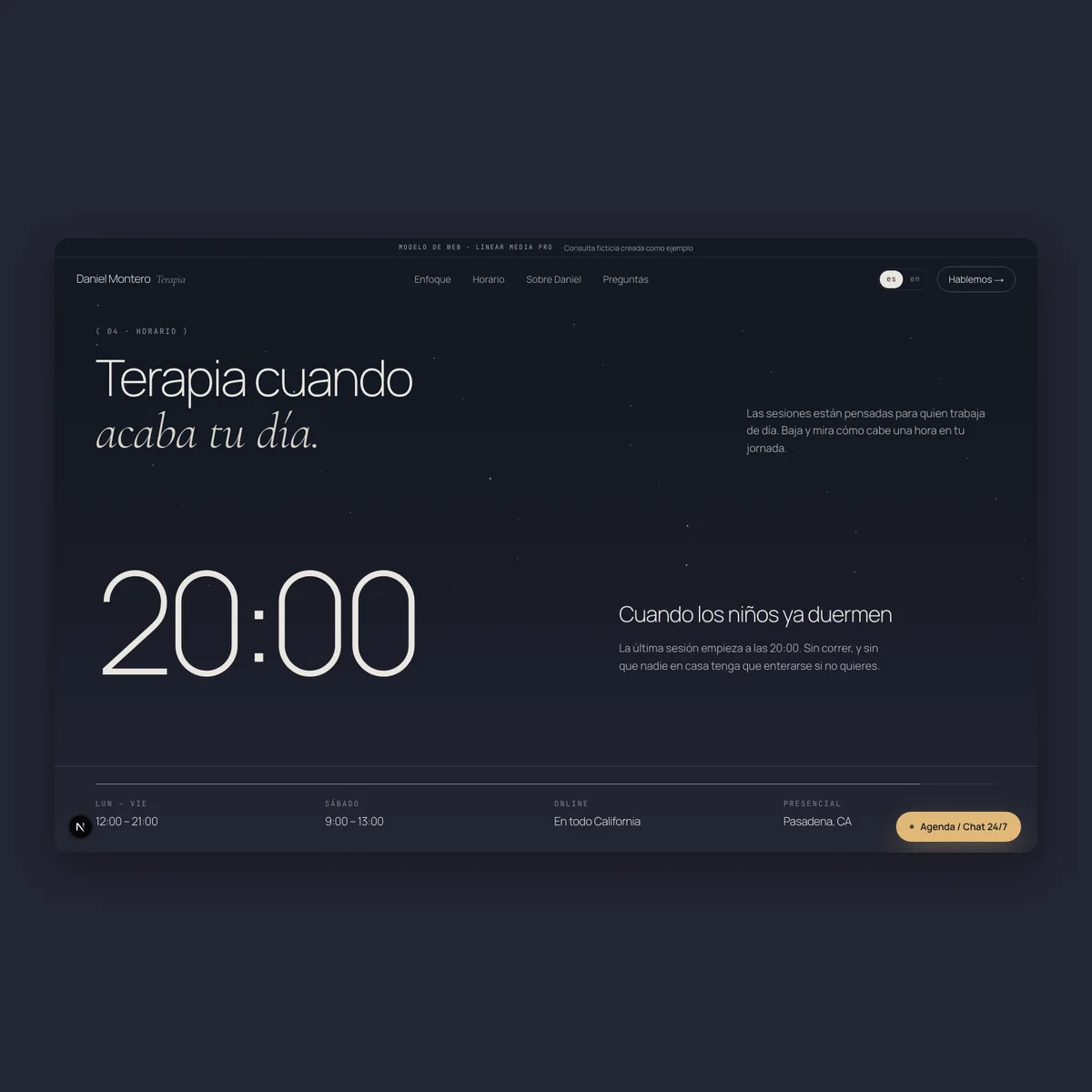 Daniel Montero · Therapy: therapy website in night blue and amber, another section on desktop