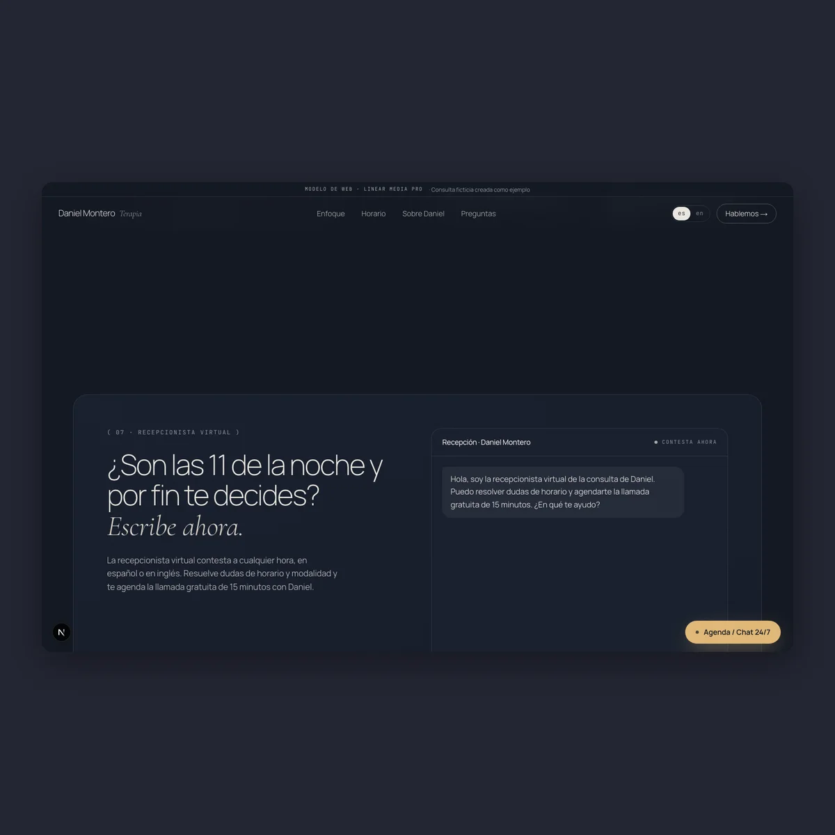 Daniel Montero · Therapy: therapy website in night blue and amber, chat or closing section on desktop