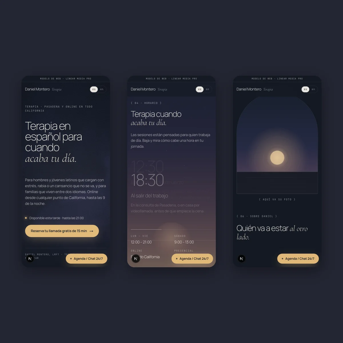 Daniel Montero · Therapy: therapy website in night blue and amber, three screens on mobile