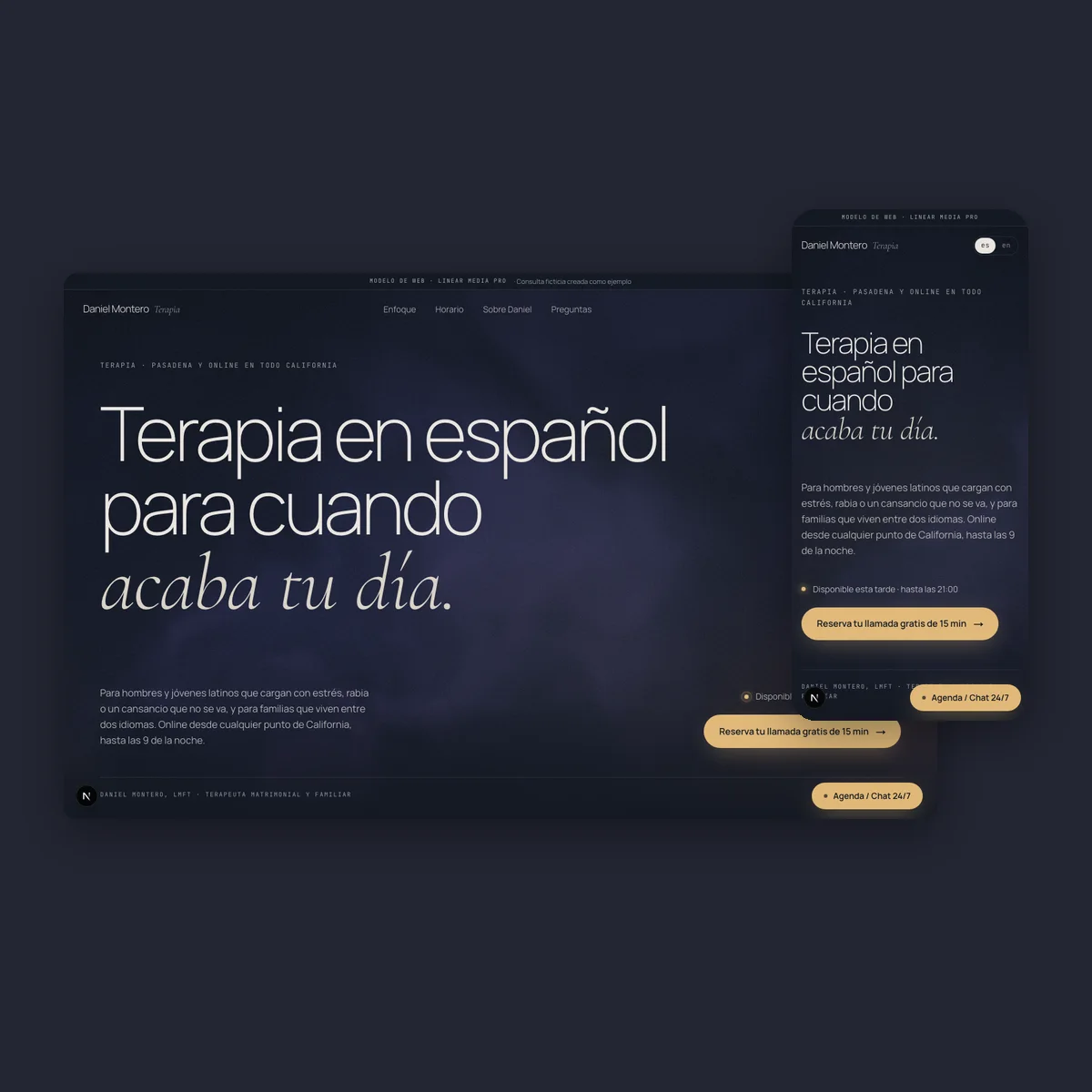 Daniel Montero · Therapy: therapy website in night blue and amber, home page on desktop and mobile