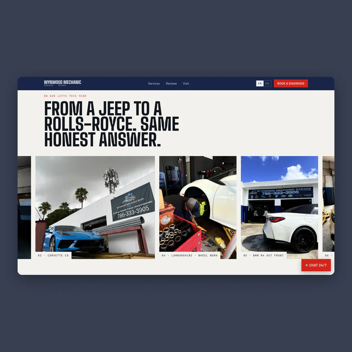 Wynwood Mechanic Garage: prototipo de web de taller mecánico en azul marino y rojo, sección en escritorio