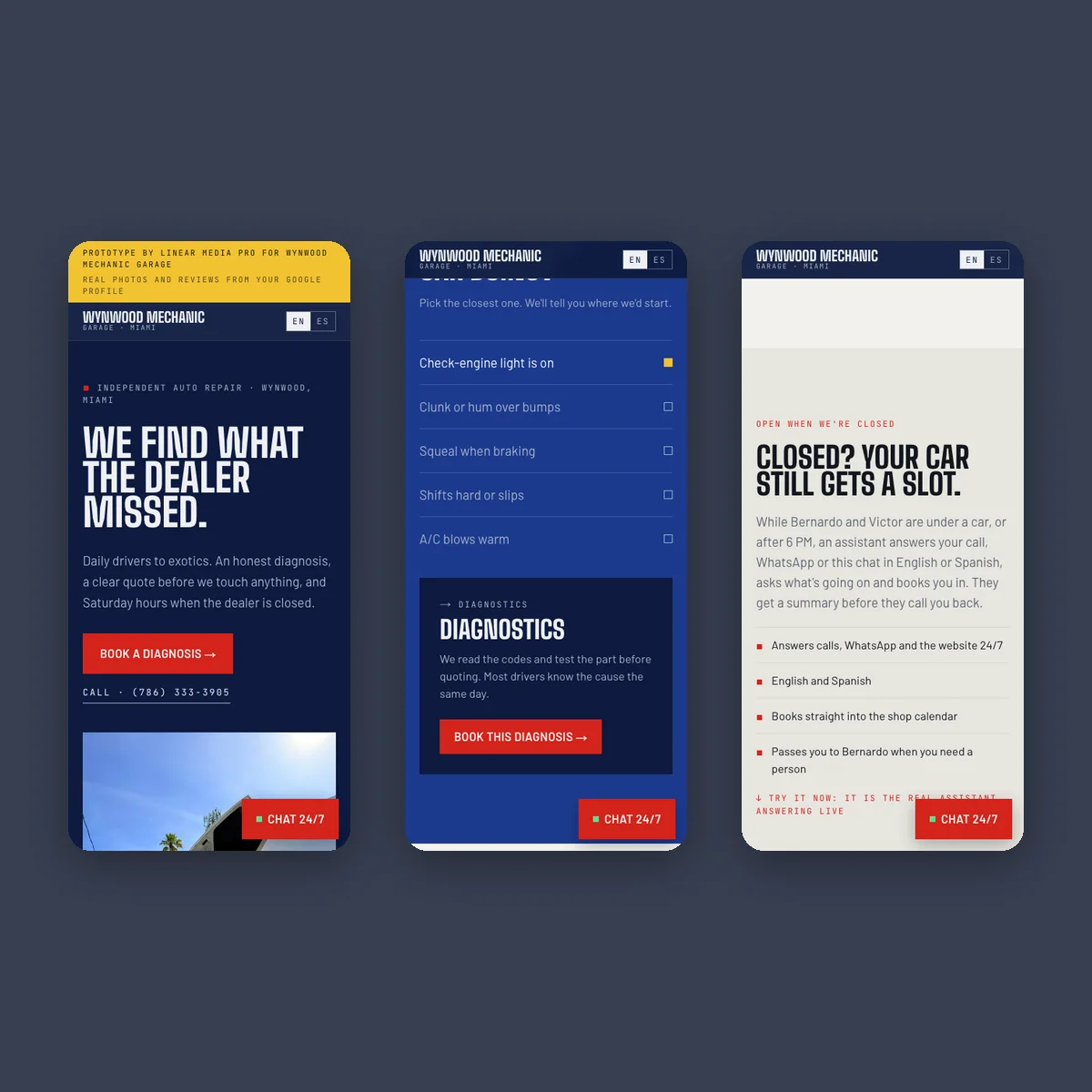 Wynwood Mechanic Garage: prototipo de web de taller mecánico en azul marino y rojo, tres pantallas en móvil