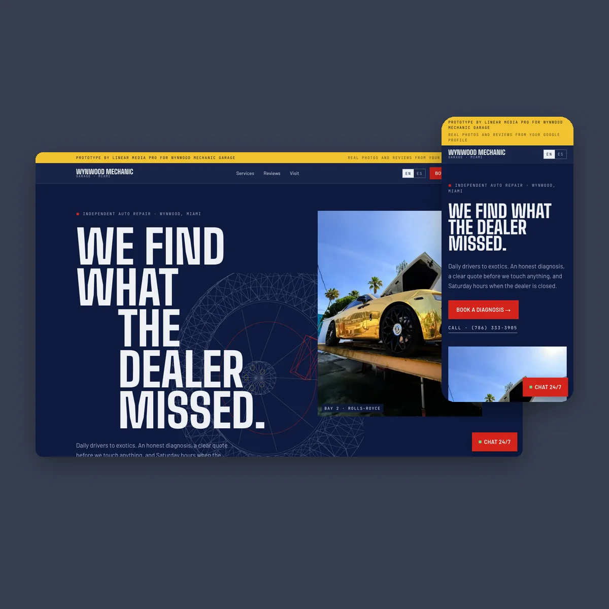 Wynwood Mechanic Garage: prototipo de web de taller mecánico en azul marino y rojo, portada en escritorio y móvil